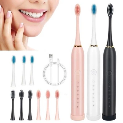 Electric Toothbrush Sonic Rechargeable 6 Modes Kids Adults Brush 3 Heads USB