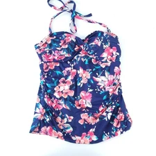 Merona Tankini Swimsuit Top Small Blue Pink Floral Bathing Suit Halter Top