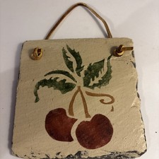 STENCILED TILE CHERRIES hanging decor 4 1/2"x 4 1/2" cute! leather hanger