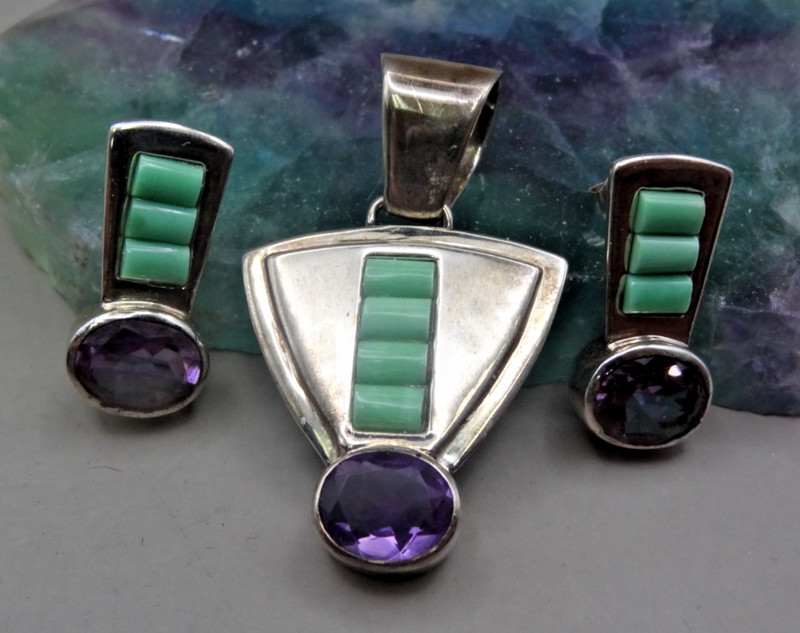 DTR sterling silver amethyst and turquoise pendant & earring set