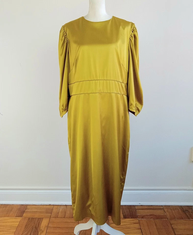 Vestido midi manga abullonada satinado cuello alto chartreuse talla 16 IEENA para MAC DUGGAL Foto 2 de 4