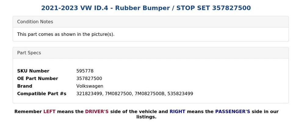 2021-2023 VW ID.4 - Rubber Bumper / STOP SET 357827500 - Image 4 of 4