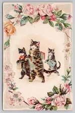 Anthropomorphic Cats Sample School Card 2861 G.P. Brown Beverly MA Embossed READ