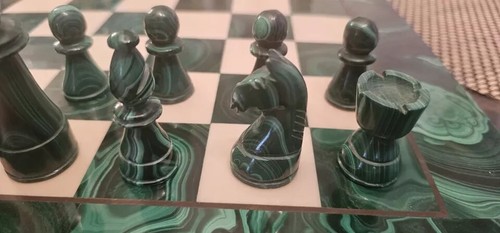 Vintage Green Jade Malachite & White Marble Chess Set And Board Handmade Gifts - Picture 7 of 16
