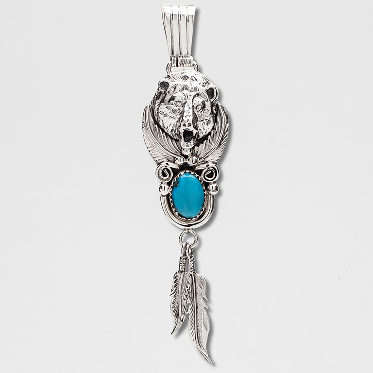 Navajo Schmuck Anhänger Sterlingsilber Mit Türkis – Bärenpfote & Feder Design