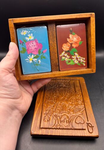 Vintage Holz King & Queen Spielkarten Aufbewahrungsbox mit 2 Kartendecks