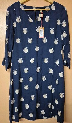 White Stuff Kleid dunkelblau Ola gemustert V-Ausschnitt gefüttert 3/4 Arm neu Gr. 8