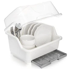 Dish Drying Rack Plastic Plate Cup Dryer Holder with Lid Removable Drainboard...