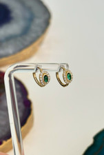 14K SOLID Gold Earrings Green, Pink Cubic Zirconia Huggies, 585 Yellow Gold