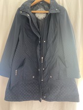 Barbara Lebek Navy Blue Spotted Lightweight Rain Coat Hooded Zip Up Pockets Long