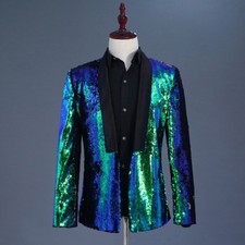Men Formal Dress Suit Reversible Two Tone Sequins Jacket Blazer Outfit Glitter