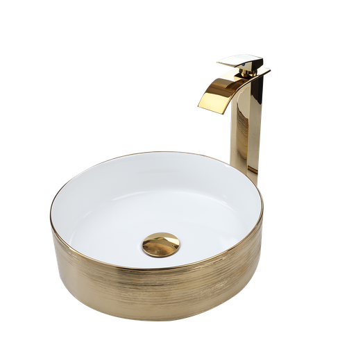 Gold&White Bathroom Sink Ceramic Round Waterfall Bowl Mixer Deck Mount Brass Tap - Picture 7 of 7