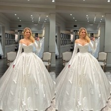 Sexy Wedding Dresses Long Sleeves Deep V-Neck Elegant Satin A-Line Bridal Gowns