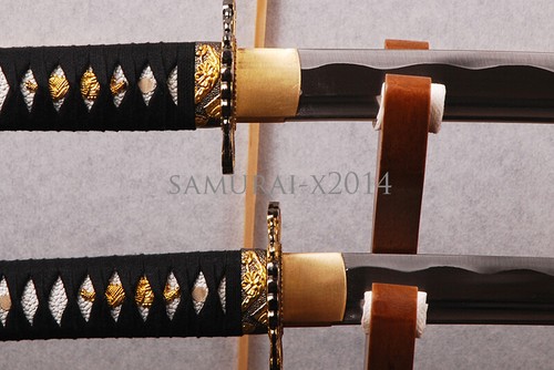 black Katana +wakizashi Japanese samurai swords set Full tang carbon steel sharp - Picture 9 of 12