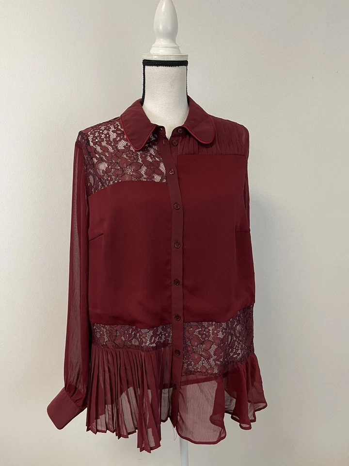 Topshop Shirt Womens Size 6 Button Up Red Chiffon Transparent Tunic Lace N204 - Image 2 of 4