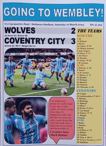 Wolves 2 Coventry City 3 - 2024 FA Cup quarter-final - souvenir print - Picture 2 of 5