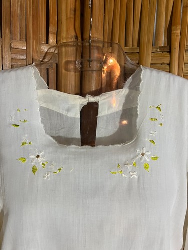 VTG 60/70s Hand Made Top Blouse CoverUp Cream Open Back Ties Ruffle Embroidery M - Picture 4 of 12