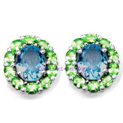 Natural Blue topaz & Peridot Gemstones 925 Sterling Silver Men's Cufflinks #6652