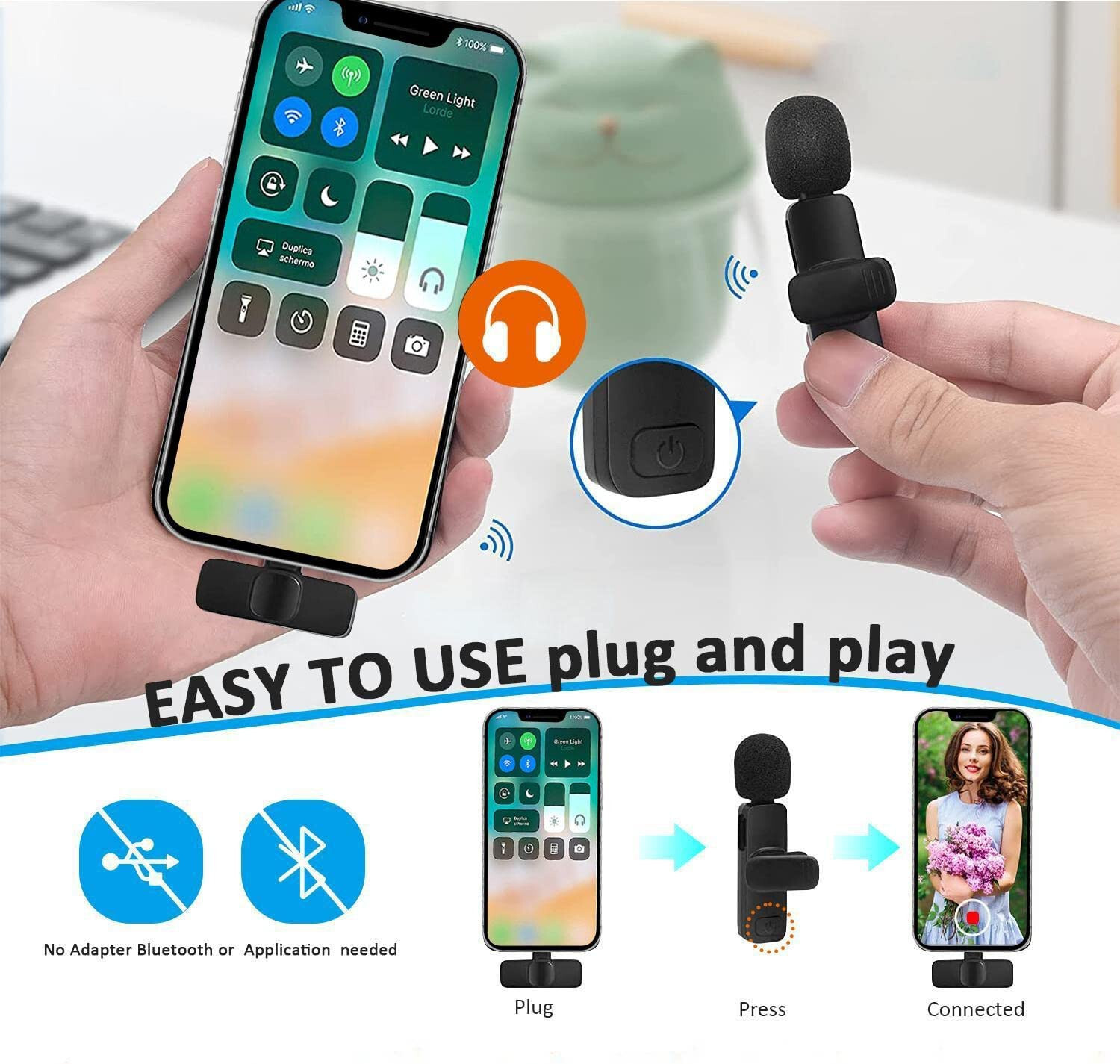Wireless Lavalier Mic for Android PC - Clip-On Cordless Microphone  
