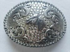 Vintage Nocona Silver Tone  Rhinestone Western Belt Buckle with Horse