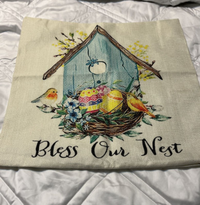 Throw Pillow Cover 18 x 18'' Linen ''Bless Our Nest''  Multi-color on linen backgro