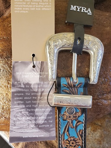 Myra Bag SouthWestern Hand Tooled Floral Leather Large Belt Turqouise Boho Aztec - Picture 6 of 11
