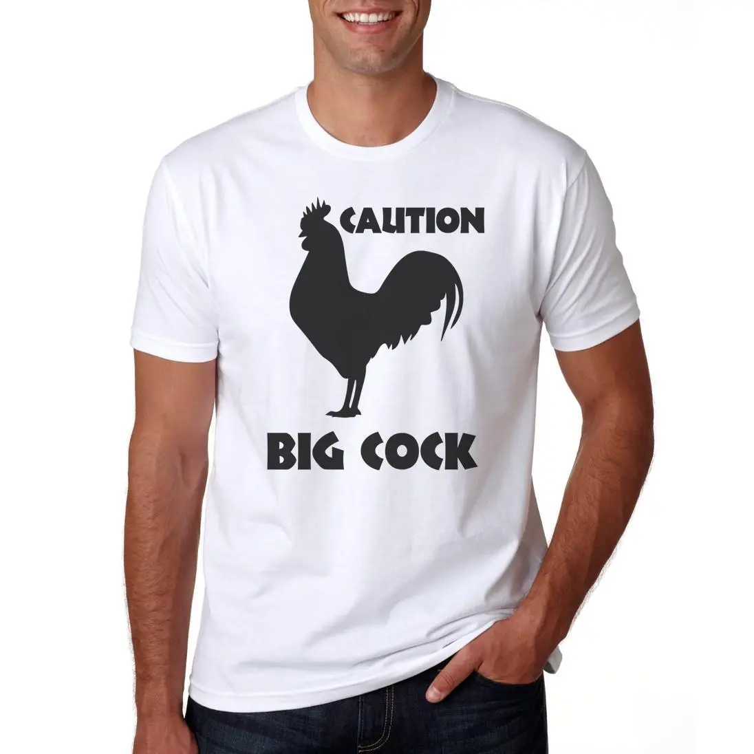 Caution Big Cock T-Shirt - Men's Funny Novelty T-Shirt Gift - Chicken