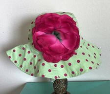 Little Girl's Bucket Hat in Green with Pink Dots  Pink Flower Size 2-6 years