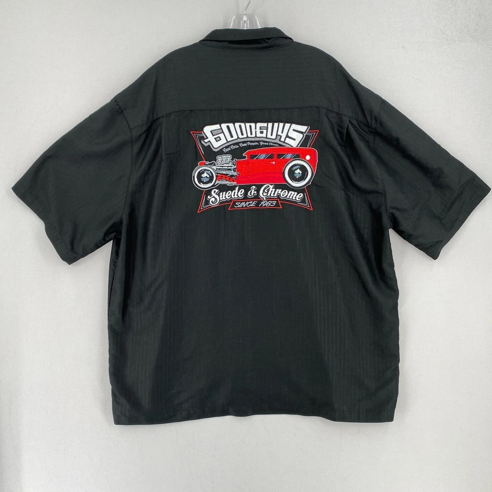 Vintage GOOD GUYS Hot Rod Camp Shirt Mens 3XL Black Suede & Chrome Logo - Image 2 of 4
