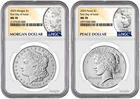 2025-P (MS70) Morgan & Peace Silver Dollar (2 Coin) First Day Of Issue FDOI NGC