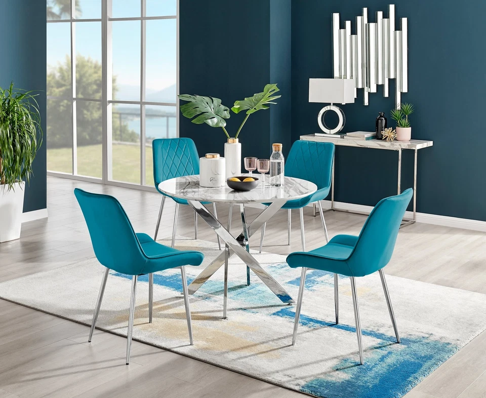 FURNITUREBOX UK Novara White Marble Round Dining Table 100cm and 4 Pesaro Chairs Furniture Set