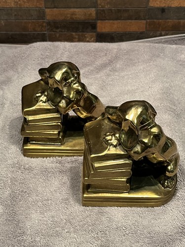 Vintage 5" Brass Bronze Dachshund Weiner Dog Bookends Chewing Books PM Craftsman - Picture 4 of 7