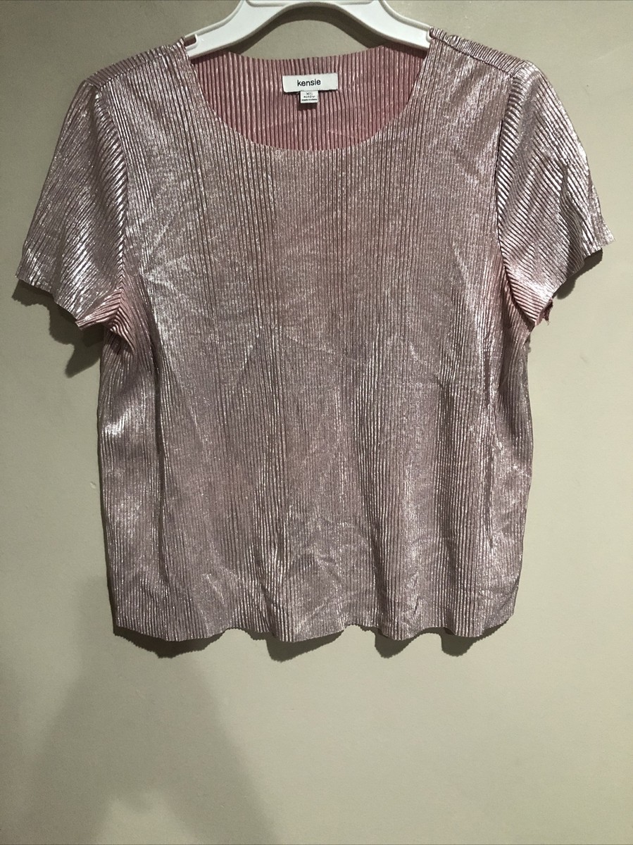 Kensie Women's Top Metallic Pink Silver Crinkle Stretch Boxy Sz XS