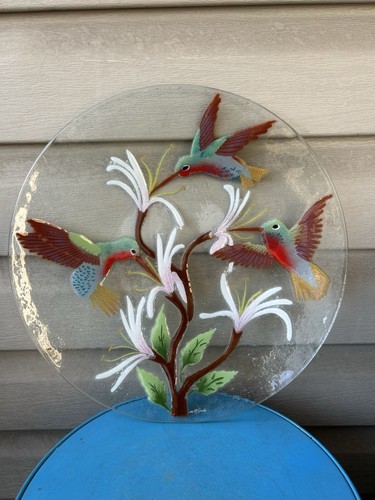 WM McGrath Colorful Hummingbirds Bubbles Fused Glass Platter 14" Signed
