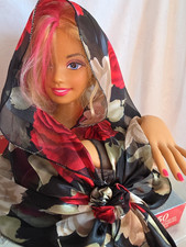 Vtg Floral Sheer Chiffon Scarf Wrap Shawl w/Rosette Knot Black Red Rose Print