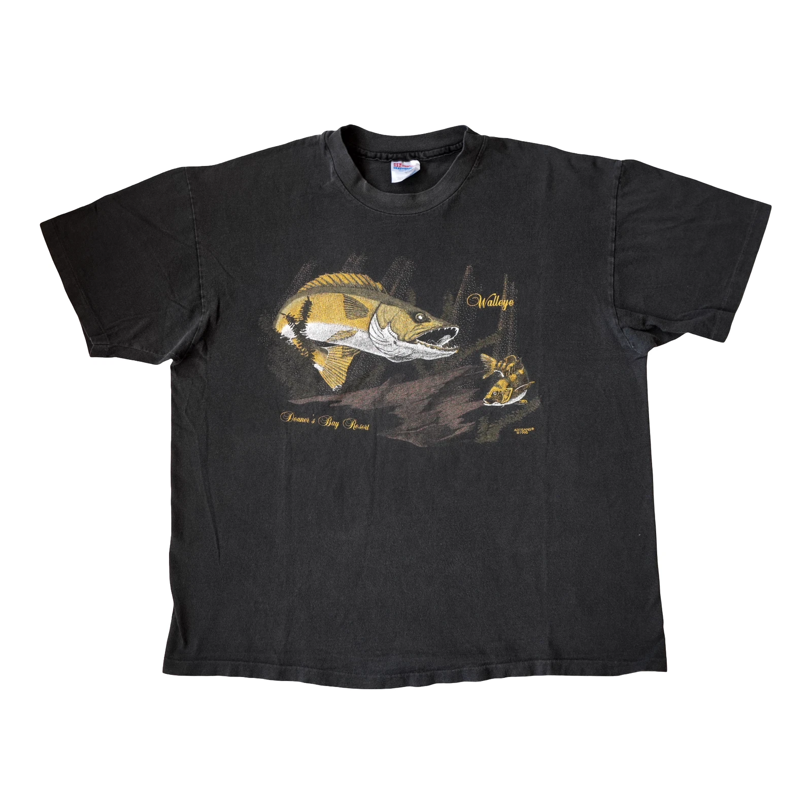 Vintage Fishing Shirt Mens XL Graphic Tee Walleye 90s Fading Black Donner's Bay