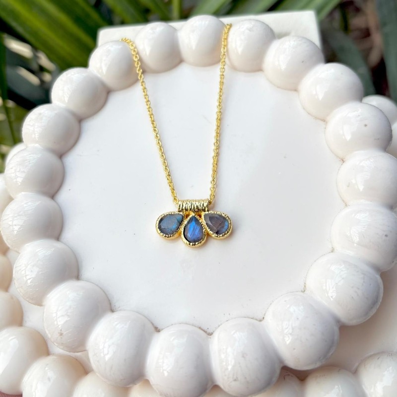 Blue Fire Labradorite Gold Plated Three Stone Pendant Chain Necklace - Product main view