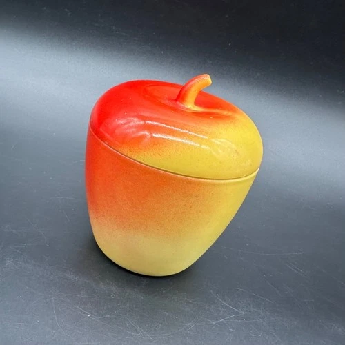 Vintage Apple Milk Glass Jar Hazel Atlas USA Red Yellow Fruit Trinket Dish Retro