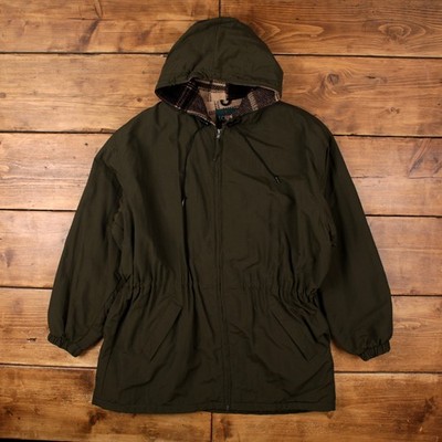 Vintage J.CREW Parka Jacke L Herren 90s grün USA Made Ruderer Kapuze gefüttert kariert