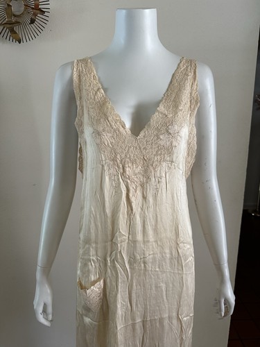 1920s Silk Satin Slip Dress Flapper Candlelight Embroidered Net Lace Antique VTG - Picture 4 of 24