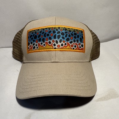 Tan Simms Fishing Hat Cap Snap Back  Adjustable Abstract Embroidered Mesh