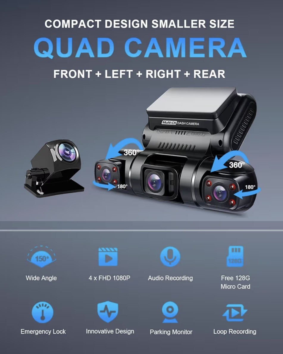 PRUVEEO 360 Degree View 4 Channel Dash Cam Front and Rear Inside Left Right, ...