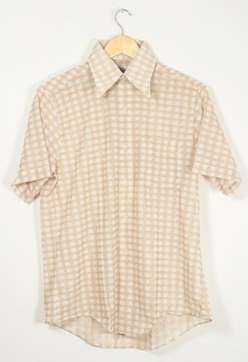 Vintage NOS 1970's Palermo Men's S/S Shirt White & Tan Plaid 15-15.5 Medium