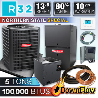 ACiQ 5 Ton Air Conditioner & 80% Downflow 100000 BTU Gas Furnace R32 AC System