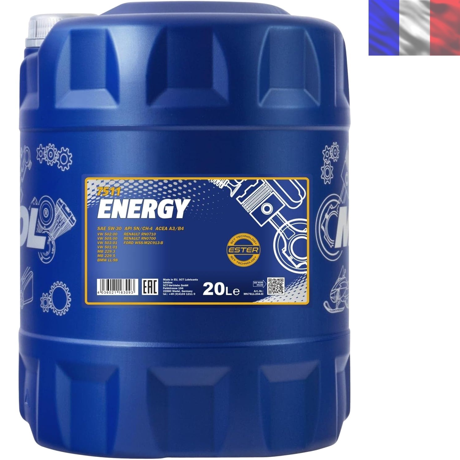 Huile moteur 5W-30 Mannol Energy 20 litres pour stopper l'usure mécanique à froid API SL/CF