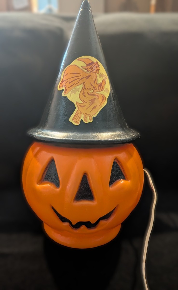 Vintage Halloween Blow Mold Pumpkin with Witch Hat and Witch