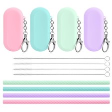 4 Sets Reusable Portable Silicone Straws with 4 Cleaning Brushes and Case,Sil...