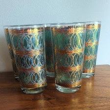 GEORGES BRIARD MCM Barware High Ball Glasses Gold Green Blue 5 RARE