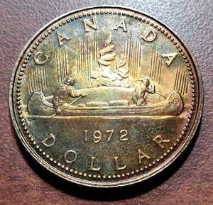 CANADA 1972 Silver Dollar BU UNC Explosive Orange & Red Reverse Toning .500 AG