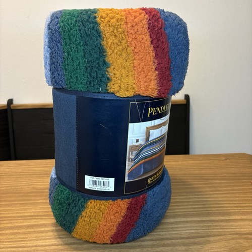 Coperta Pendleton Sherpa Queen - blu a righe mare morbida e accogliente nuova - Foto 2 di 4
